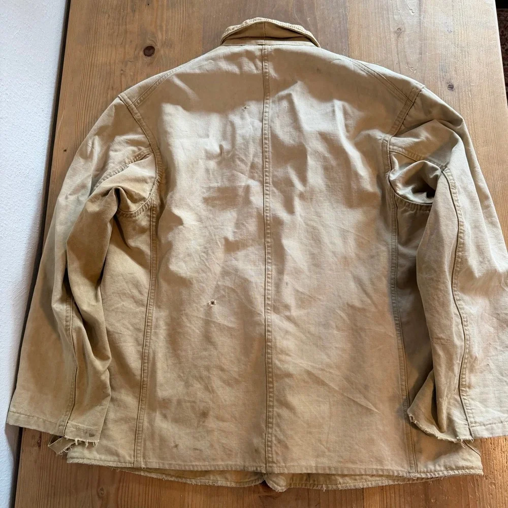 Vintage French Chore Jacket Size Medium 22x27 Corduroy Collar Distressed Hunting